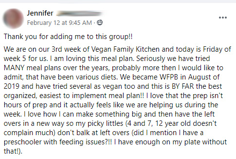 Vegan meal plans - testimonial - Jennifer - February 2021