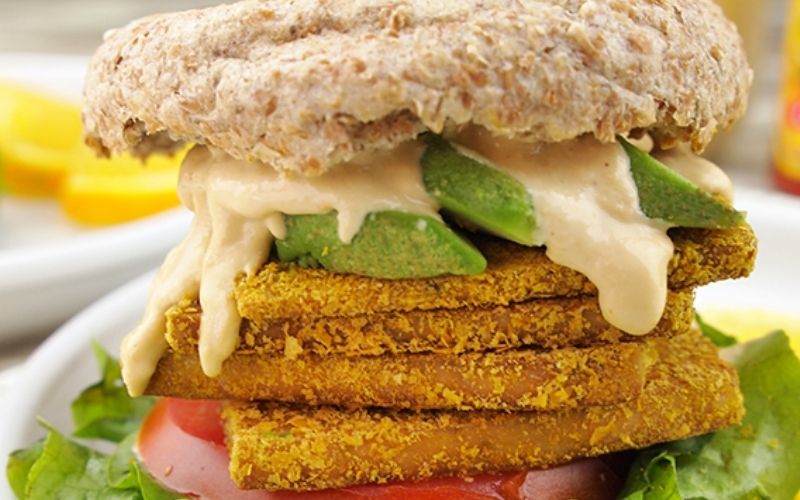 Replace eggs - Dianne's Vegan Kitchen Cheesy tofu breakfast sandwich